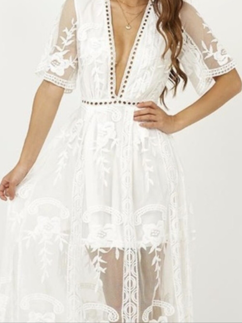 White Lace Plunge V-Neck Maxi Dress
